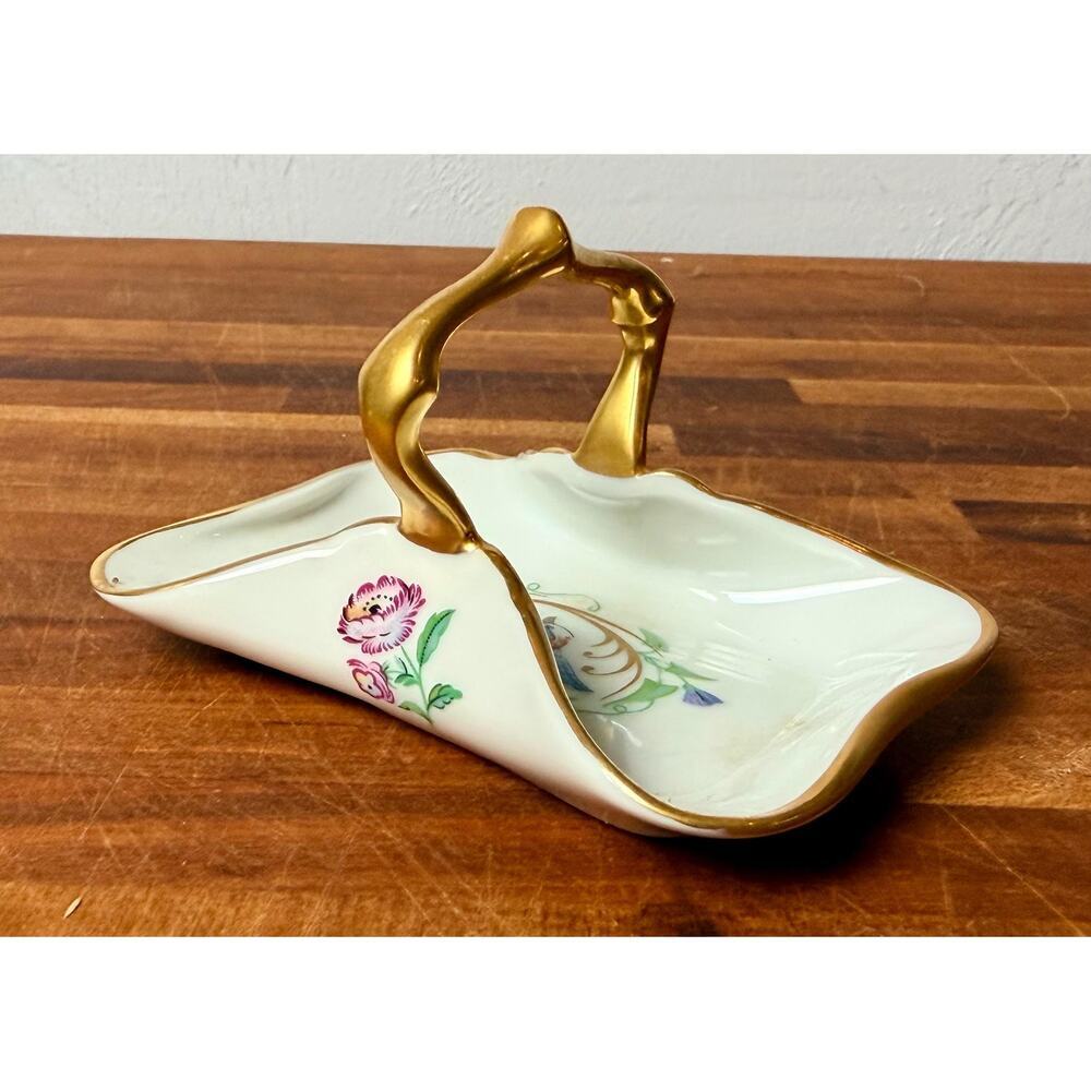 Vintage Limoges Castel Porcelain Basket Dish: Bird Floral Gold Gilt Handle - Picture 6 of 15